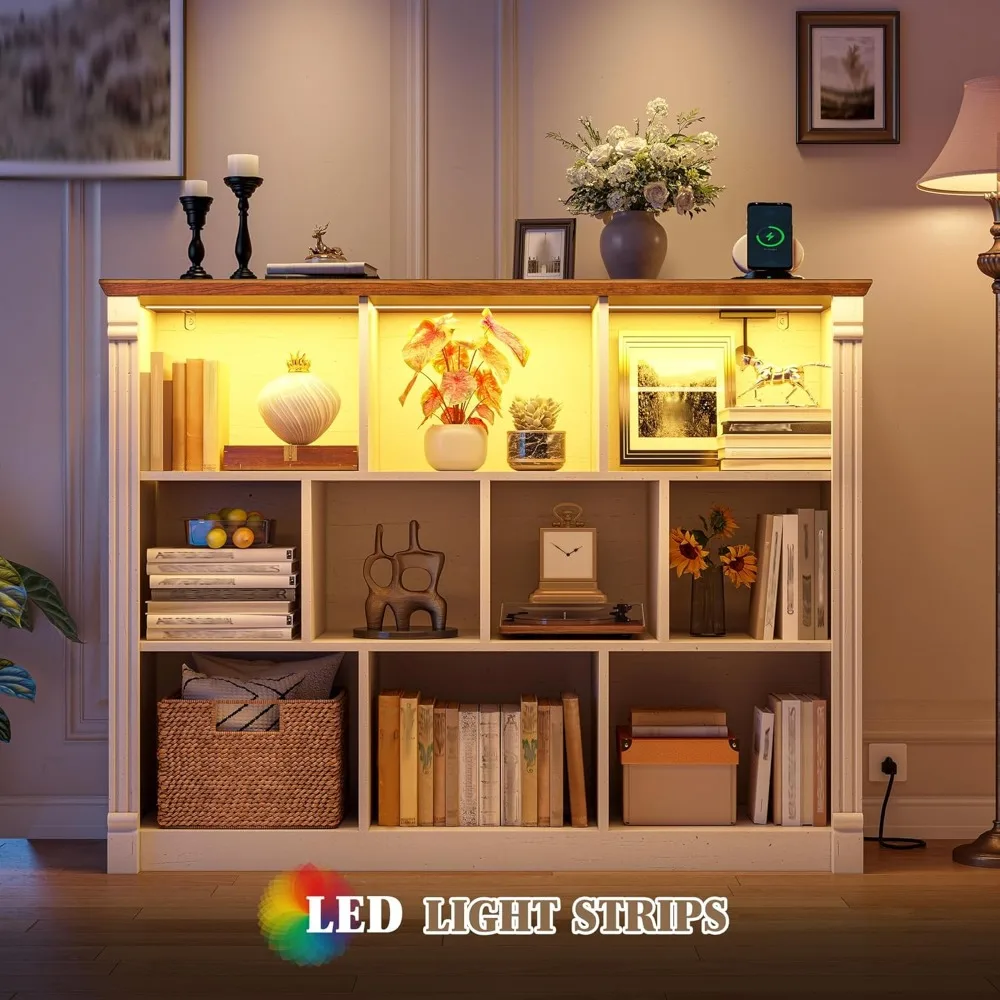 LED 조명 및 충전 스테이션이 포함된 10 큐브 스토리지 주최자 침실 거실, 사무실, Wh용 목재 큐브 선반 흰색 책장