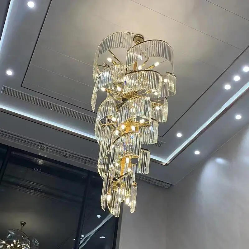 Stair chandelier long chandelier duplex building rotating hotel lobby project villa living room hollow light luxury crystal lamp