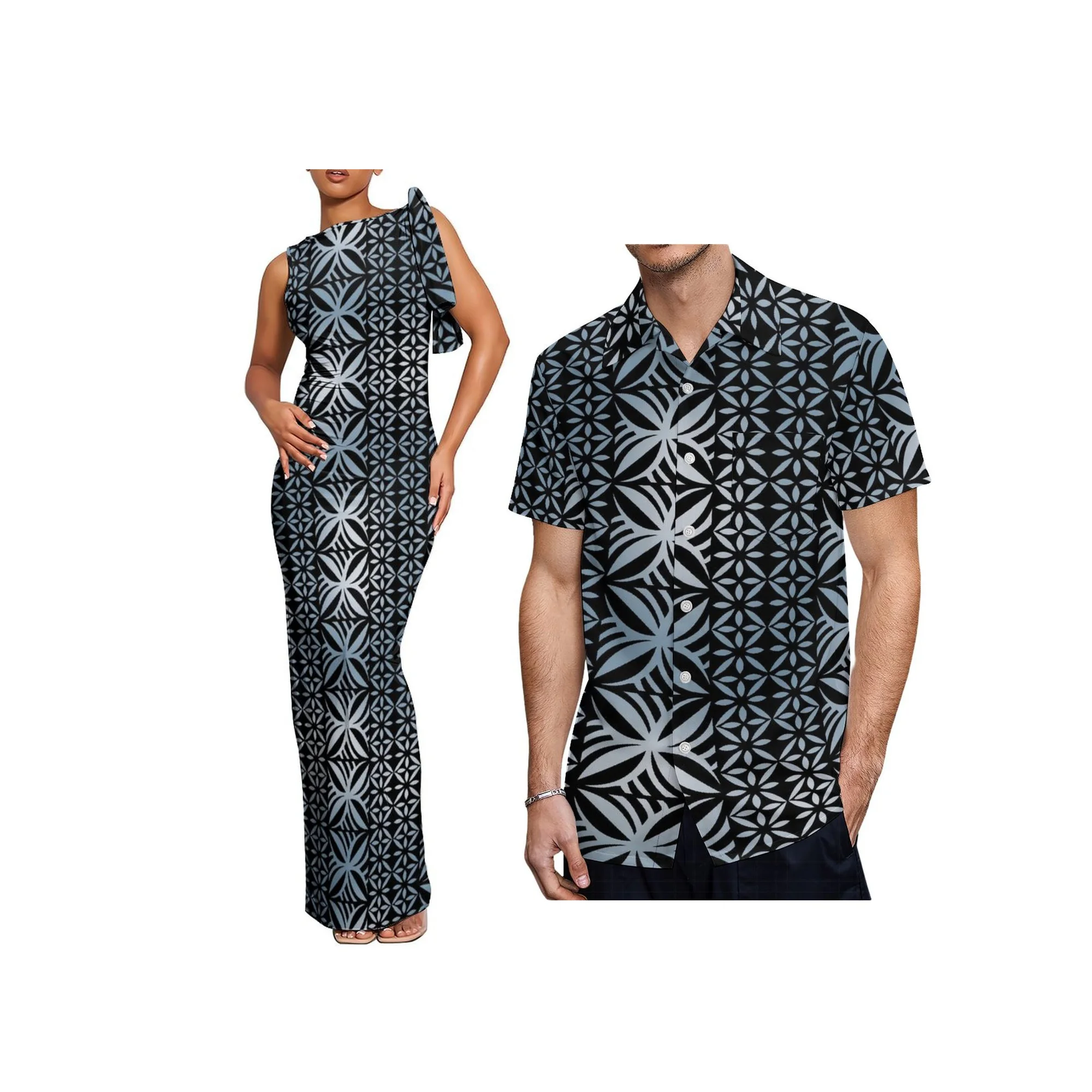 New Wholesale Customized Hawaii Polynesain Tribal Print Women Elegant Lace Up Stacked Dress Tie-Up Design Maxi Dress Vestidos