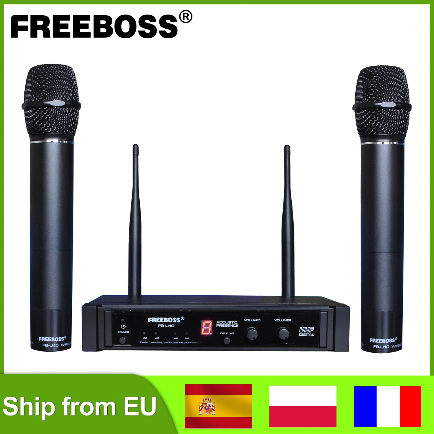 Freeboss Dual Way UHF Wireless Microphone Karaoke 2 Metal Handhelds Meeting Church School Sing FB-U10