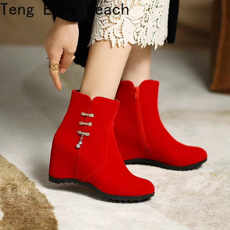 

2022 Winter Women Wedge Ankle Boots Fashion Rhinestone Inner Heightening Black Wedge Boots Women Party Work Boots Size 32-43