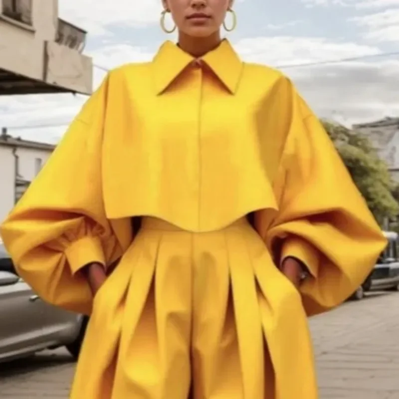 Beautyblue Elegant Women's Sets Yellow Two Piece Set Casual Buttoned Pleated Lapel Blouses Pleated Pockets Trousers Female Suit