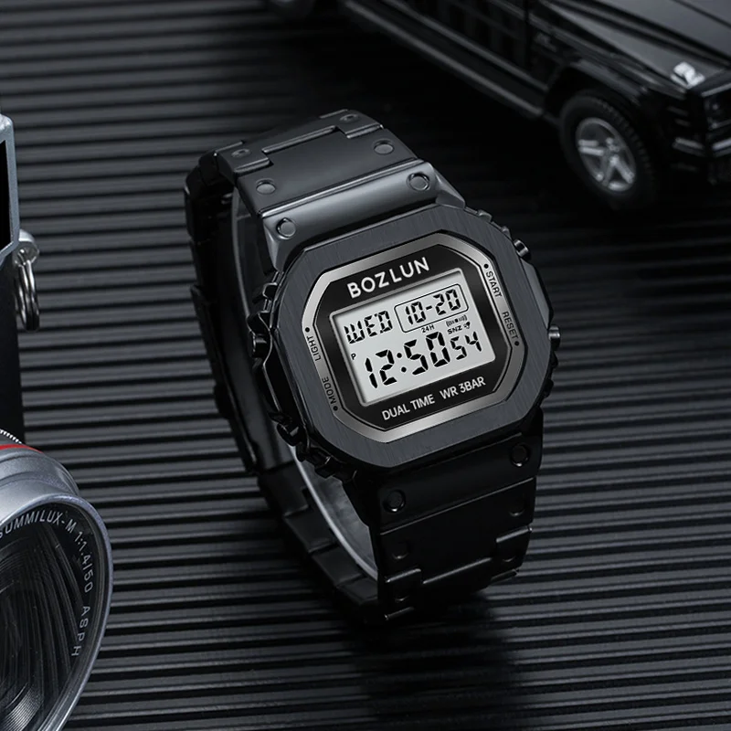 ساعة BOZLUN للأعمال الإلكترونية الرقمية المقاومة للماء للرجال والنساء، ساعة يد بسيطة من الفولاذ المقاوم للصدأ بشريط EL خفيف Reloj Hombre