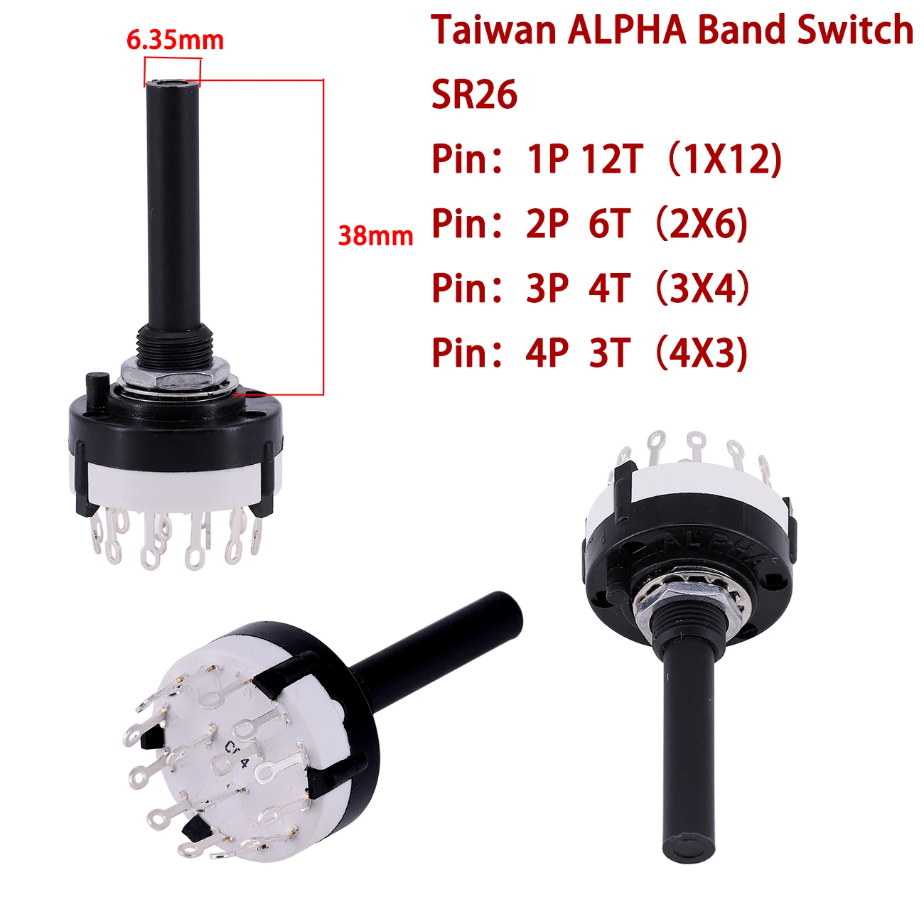 2pcs High-quality ALPHA SR26 Band Rotary Channel Selector Switch 1/2/3/4 Pole 12/6/4/3 Position Soldering Pins Handle Length 38M