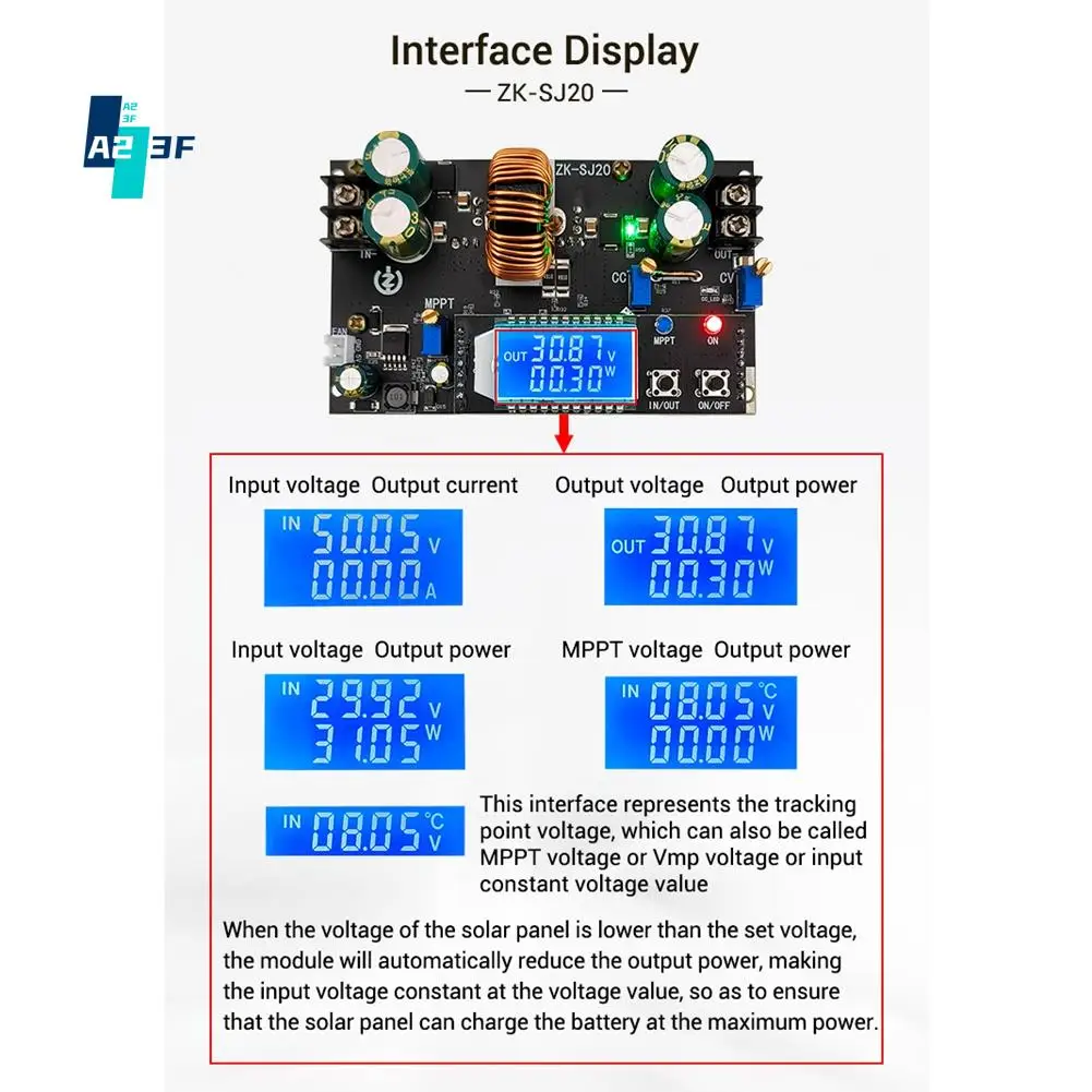 

A23F-ZK-SJ20 Automatic Step Up Down Module MPPT Buck Boost Converter Power Supply Module Adjustable Board