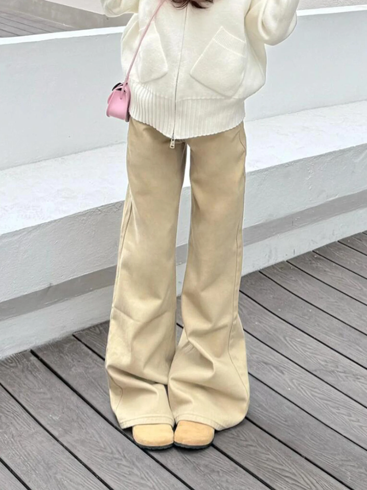 กางเกงยีนส์ผู้หญิงทรงหลวมสไตล์วินเทจอเมริกัน สีกากี ขอบเอวสูง ขากว้าง ช่วยให้ดูผอม  คอลเลคชั่นใหม่ ฤดูใบไม้ร่วง ฤดูหนาว