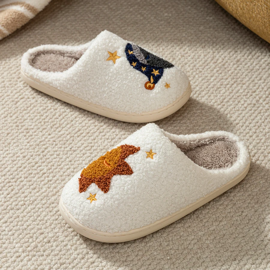 Cute Children's Slippers Winter Featuring Moon Star Pattern Perfect for Parent-child Indoors Comfortable Warm Casual Home Shoes