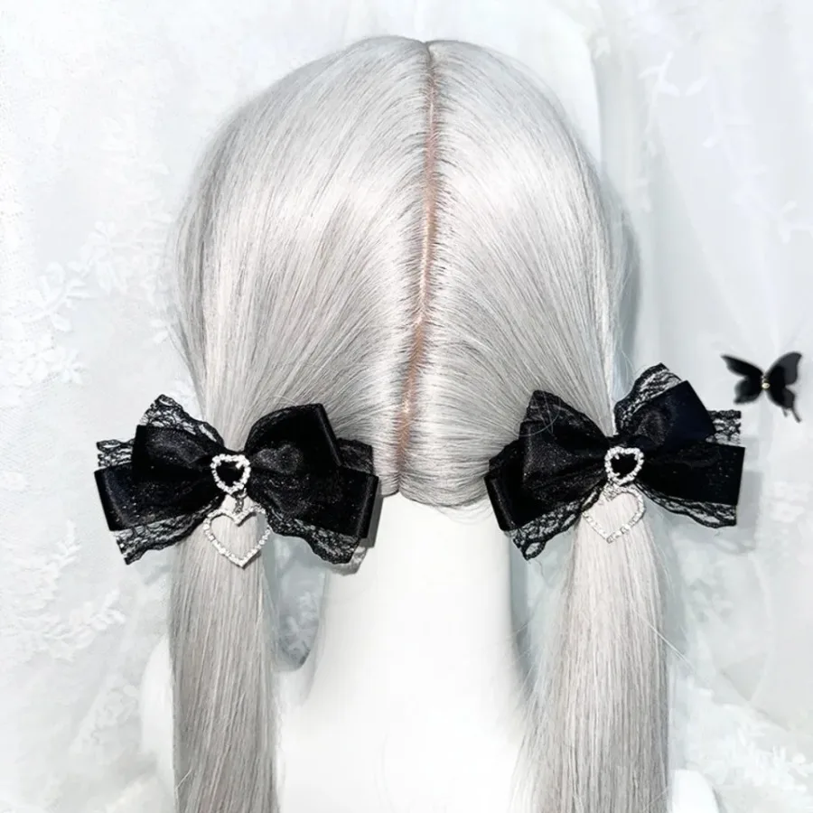 1/2Pc Kawaii Y2k Style Gothic Hair Clips Cute Sweet Japanese Lolita Lace Bow Hair Clips Heart Pendant Ponytail Hairpins Cosplay