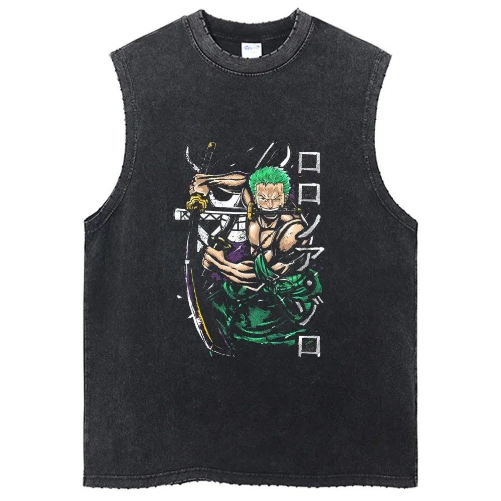 One Piece Vest Washed T-Shirt Anime Guts Graphic Tank Top Cotton Sleeveless Streetwear Loose Trend T Shirt Men\'s Clothing Unisex