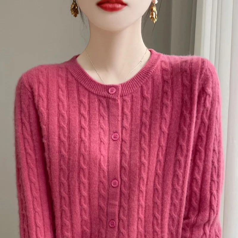 Jesienno-zimowe damskie swetry rozpinane O-neck jednolity sweter wiosenny z długim rękawem jednorzędowe dzianiny białe swetry rozpinane moda koreański sweter