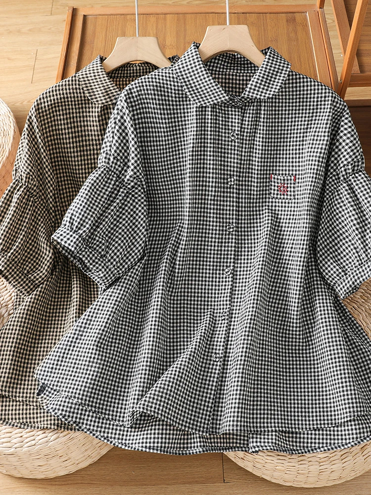

Summer Commute Style Plaid Embroidered Collar Short Sleeve Loose Large Size Artistic A-Line Button-Up Shirt