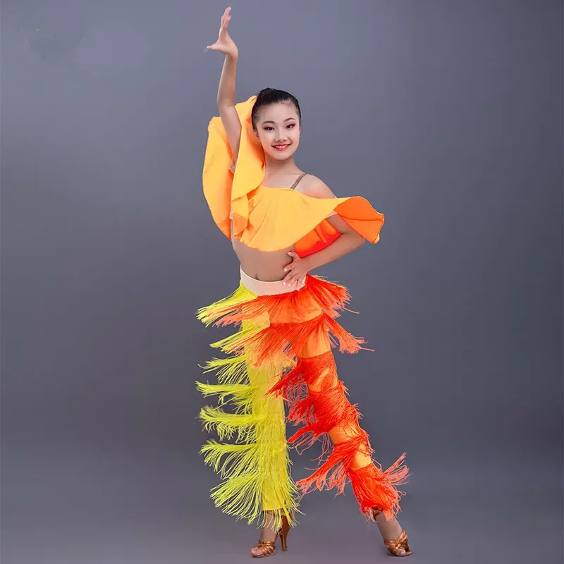 New Latin Dance Clothing Set Girls Yellow Cropped Tops Fringed Trousers Suit Children Performance Dress Competition Costume