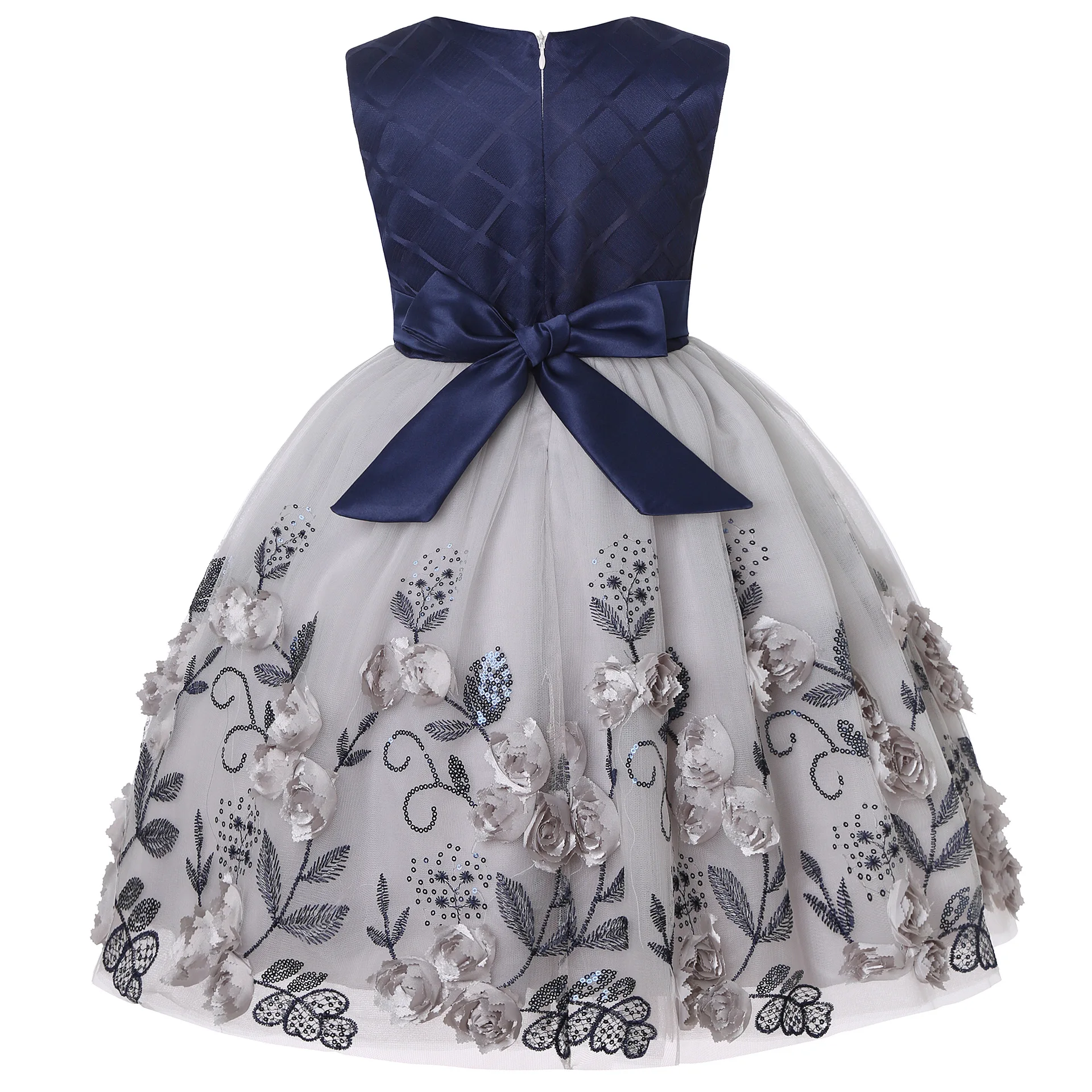 Hetiso Blue Beading Collar Sequined Flower Tulle Ribbon Plaid Sleeveless Baby Girl Dress Girls Summer Clothes robe princesse