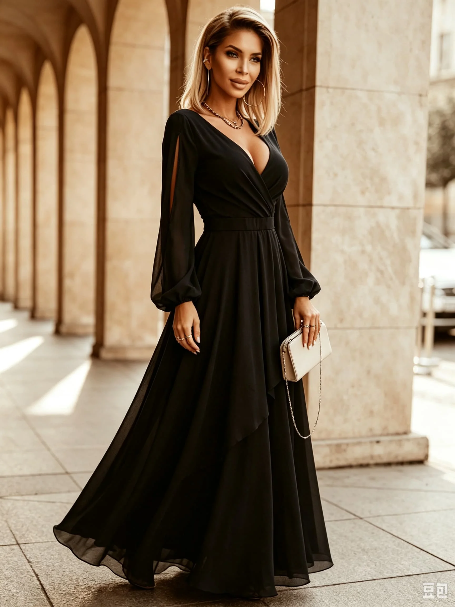 Tief Ausgeschnittenes Wickelkleid für Damen, Lange Ärmel mit Schlitz, Laternenärmel, Hohe Taille, Unregelmäßiges Langes Abendkleid
