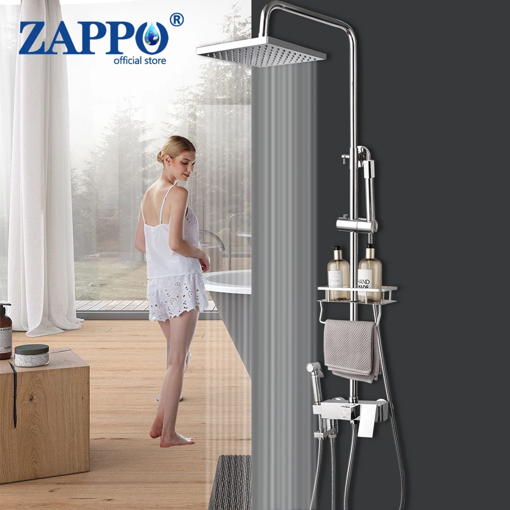 

ZAPPO Bathroom Shower Set Bath Shower Rotatable Mixer With Hand Shower Faucets Rainfall Chrome Shower Head W/Shelf