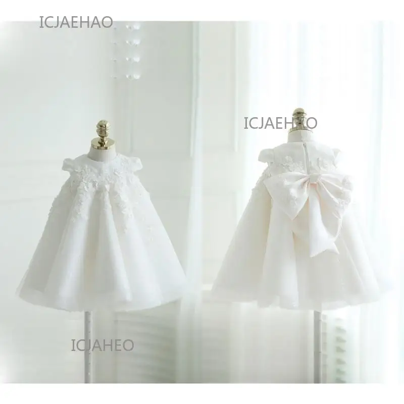 Party Wear Dresses 2024 Kids Birthday Baptism Dresses For Children Elegant Big Bow Frocks Girls Boutique Flower Girl Lace Dress