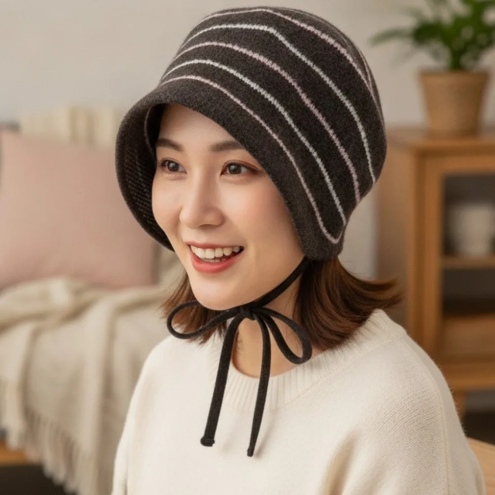 Loose Fit Striped Beanie Hat Soft Texture Korean Style Tie Strap Cap Stretchy Ear Protection Knit Bonnet Cap Chilly Days