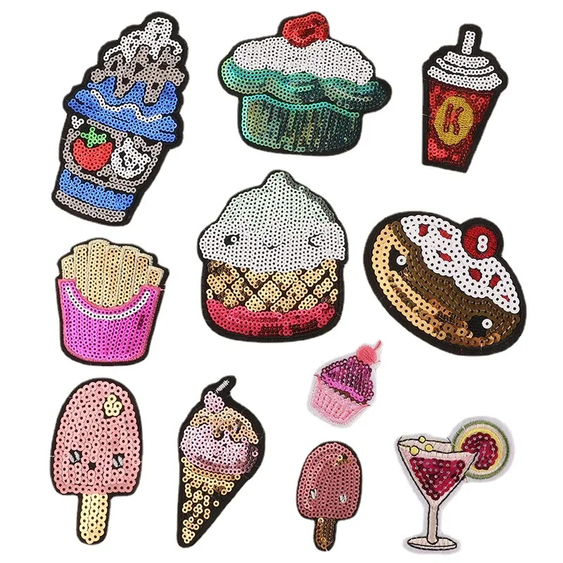 30pcs/Lot Luxury Sequin Embroidery Patch Ice Cream Hamburger Drink Shirt Bag Clothing Decoration Accessory Craft Diy Applique