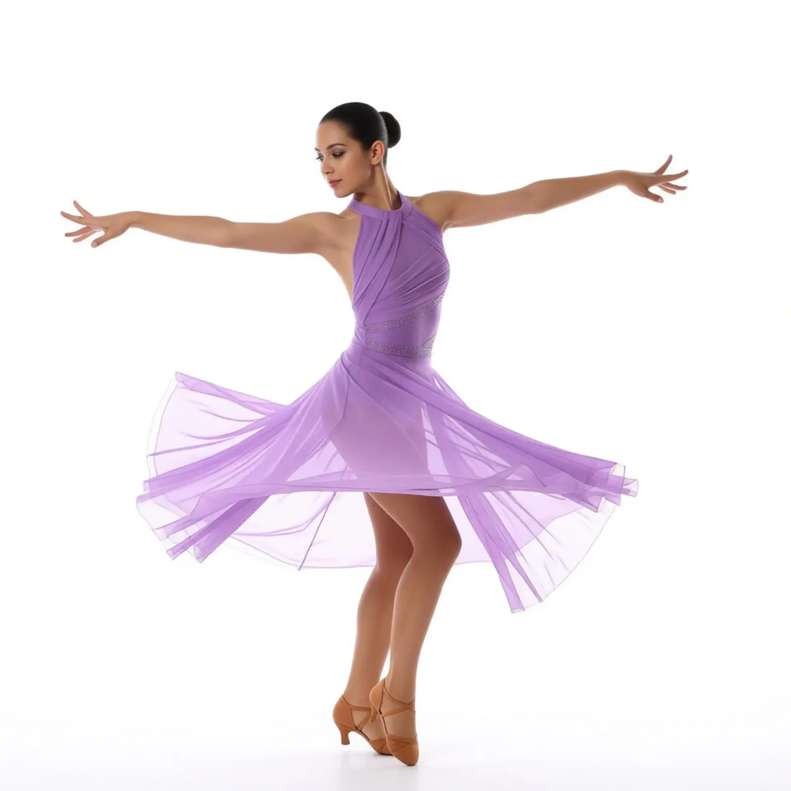 

Womens Sleeveless Ballet Leotard Dancewear Dress Rhinestone High-Low Tulle Ruched Chiffon Contemporary Lyrical Dance Costume