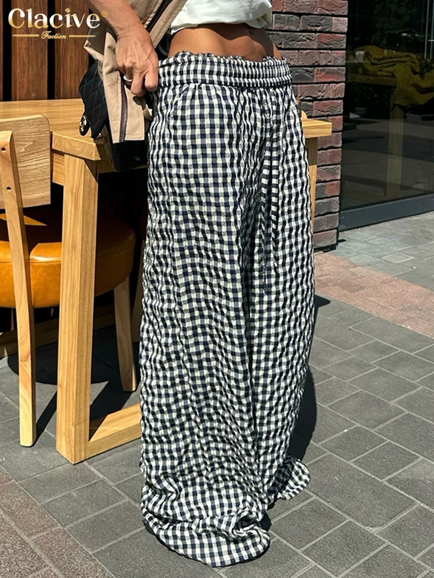 Clacive Fashion Loose Plaid Women Pants 2025 Vintage High Waist Wide Trousers Elegant Classic Full Length Pants Female Clothing