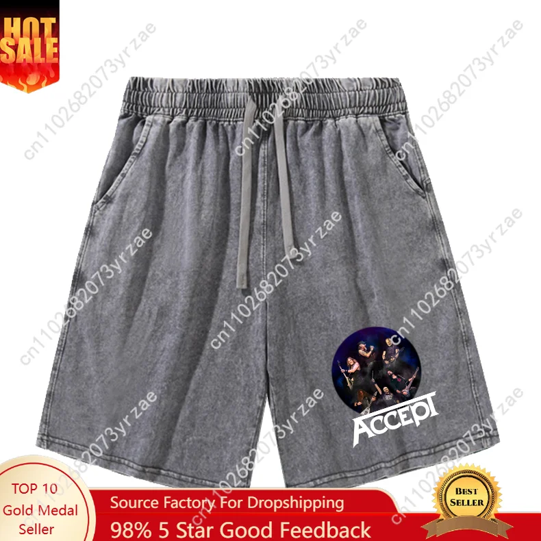 

Accept Band Shorts Mans Womans Teenager Retro Short Vintage Cotton Elastic Sweatpants Pattern Text Customized Soft Beach Shorts