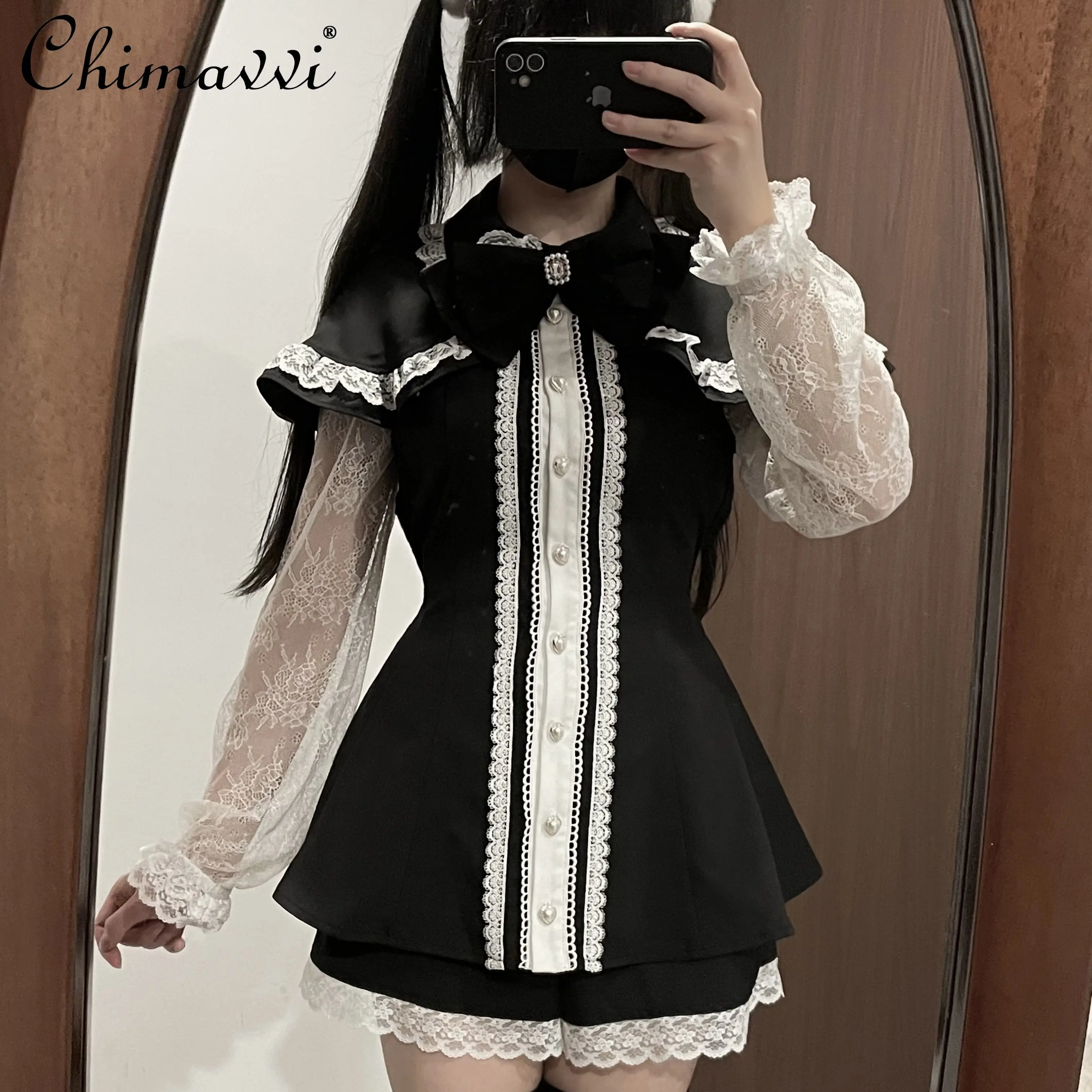 

Japanese Mine Sweet Girl Mass-produced Cape Lace Sleeve Dress and Shorts Sets Autumn New Subculture Lolita Two-piece Set Outfits