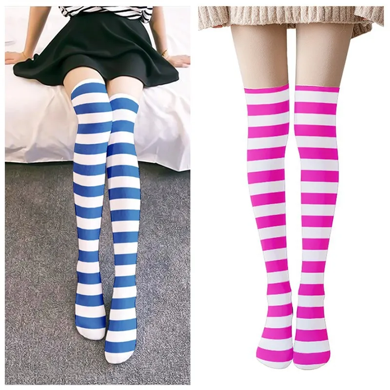 

Colorful Striped Printed Silk Stockings Thin Women's Spring and Autumn Japanese Lolita Cute Anime Knee Length Velvet Socks