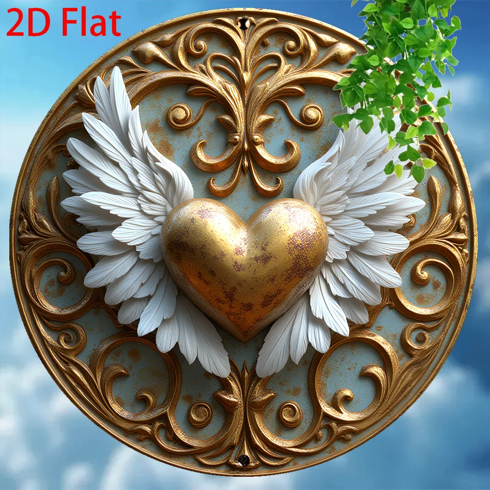 HD Tin Sign, 3D Effect Winged Heart Round Metal Wall Art, Vintage Baroque Love Decor for Home Living Room Bedroom