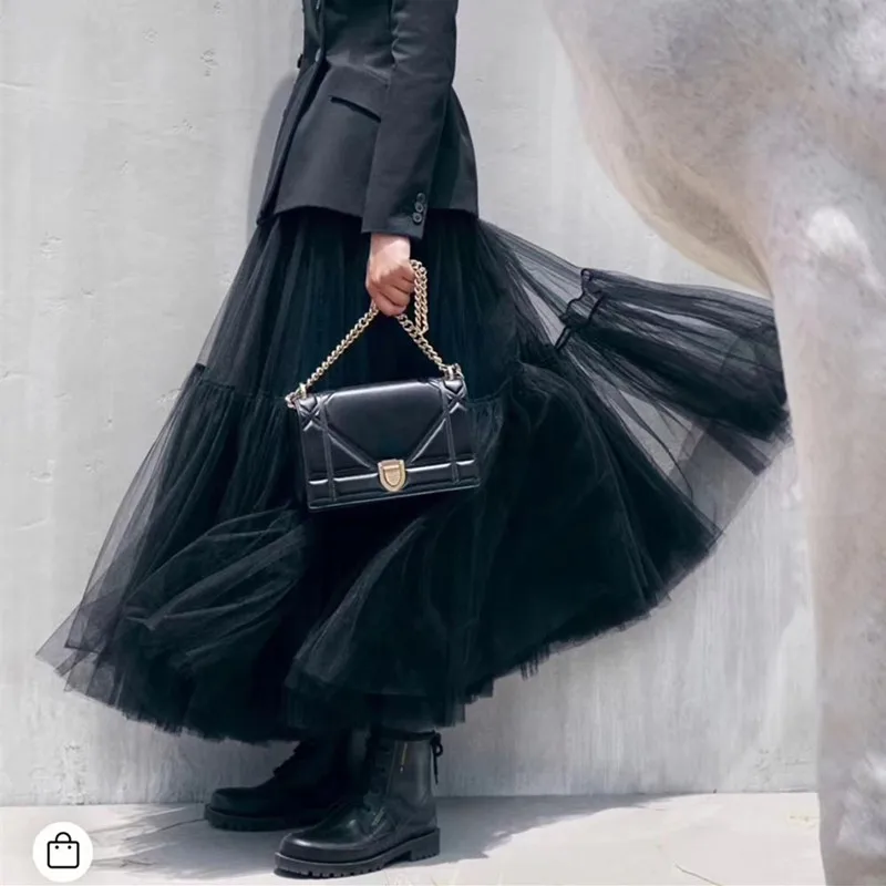 Malha painel duplo saia feminina 2025 nova primavera verão outono longa gaze saia de cintura alta graça moda puff saias