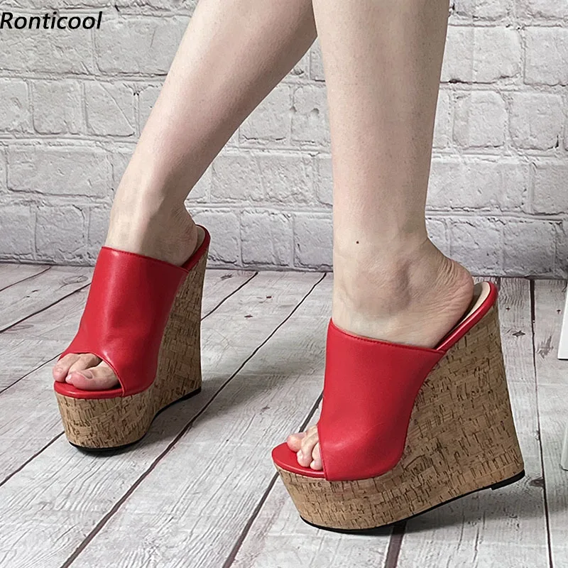 

Ronticool/Новые модные женские сандалии ручной работы с открытой пяткой, пикантные туфли на танкетке и высоком каблуке с открытым носком, великолепные красные туфли для вечеринок, размер США 5-15