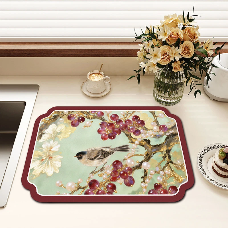 VIKAMA Kitchen Drain Mat Chinese Flower Bird Persimmon Brown Vintage Kitchen Counter Mat Highly Absorbent Fast Drying Anti Skid