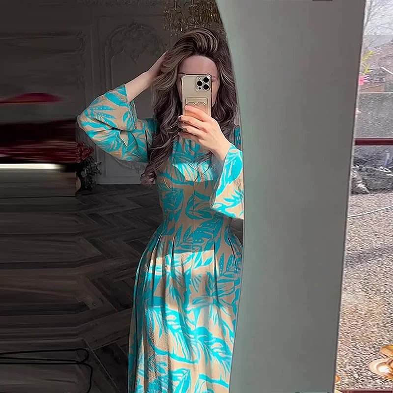 Muslim Women Dress Long Dresses Party Print Round Neck Long Sleeve Casual Loose Maxi Elegant A Line Long Vestidos Pleated