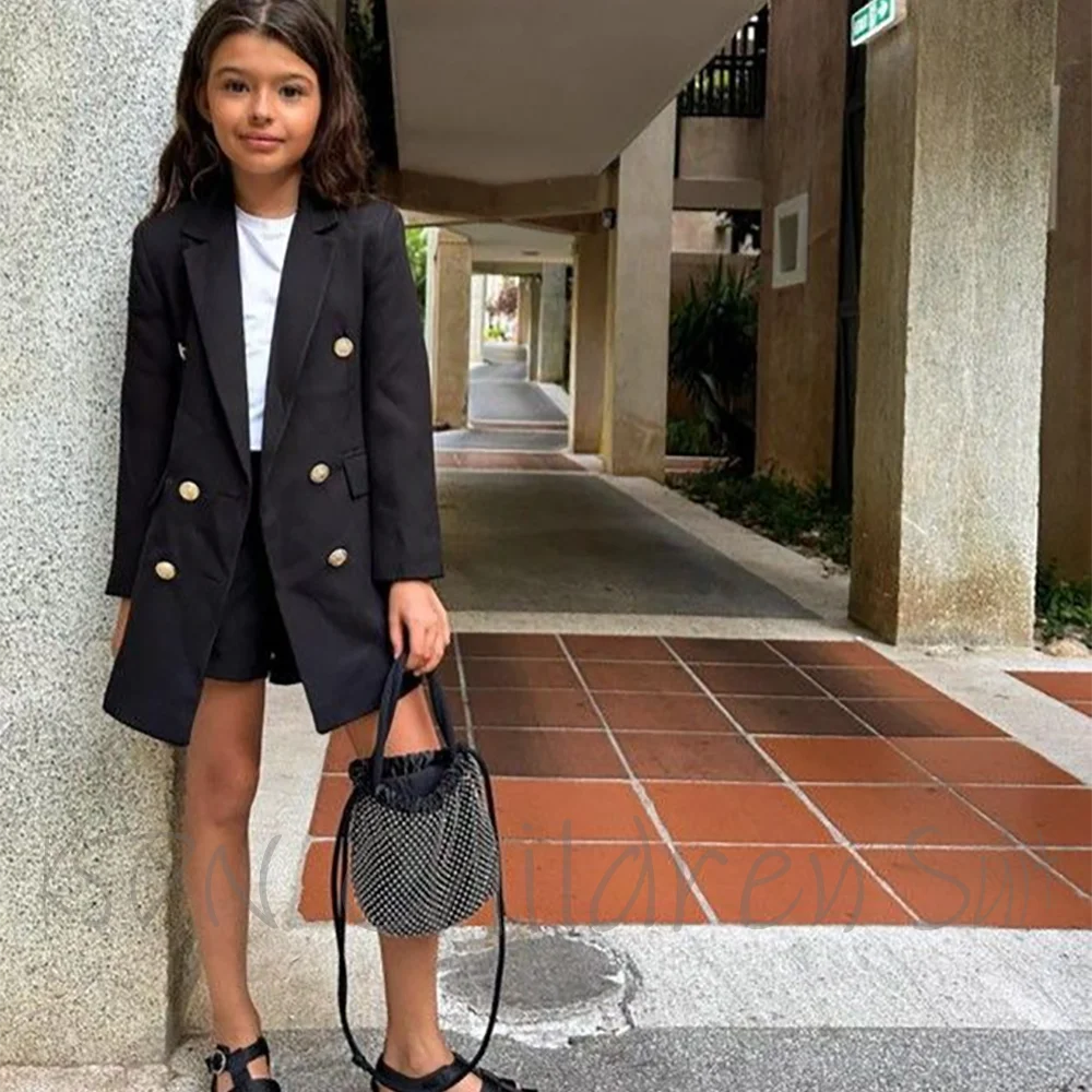 Tailored Children's Clothes Set Solid Black Two Piece Girl's Suit Double Breasted Jacket with Shorts Holiday Daily Casual Outfit