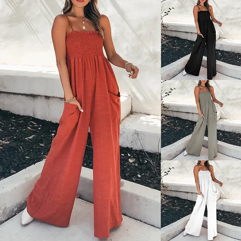Jumpsuit Wanita Model Pullover Romper Pinggang Tinggi Tanpa Punggung Model Bungkus Dada Kasual Berkantong Celana Kaki Lebar Model Sambung Satu Potong