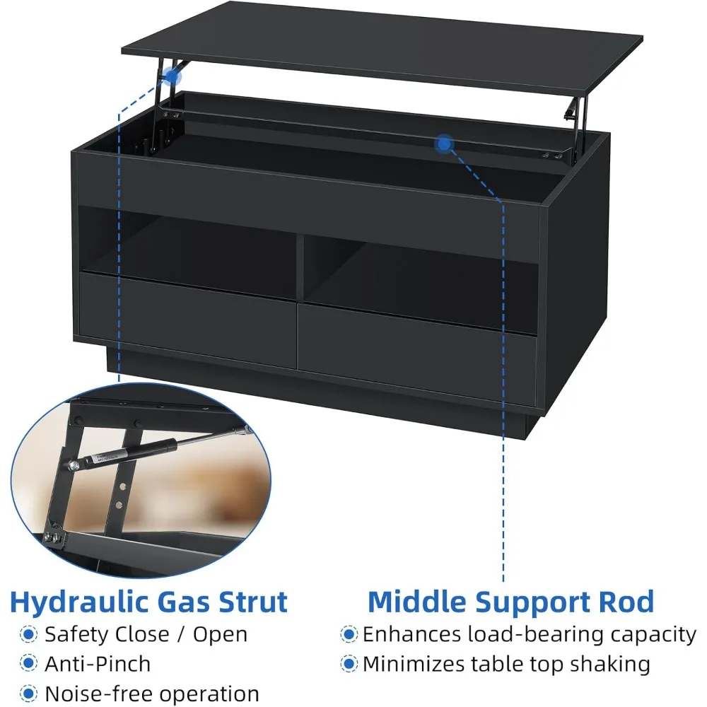 Coffee Table with LED Light Storage Black Coffee Table for Living Room  Tea Table  Compartment & 2 Open Shelve & 2 Drawers