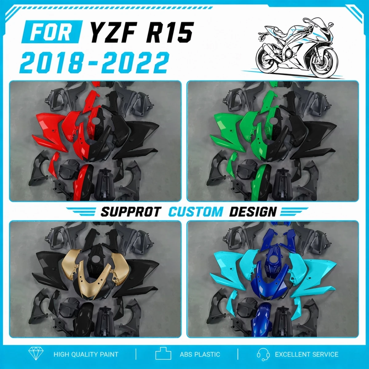 Motorcycle Fairing Kit Custom Paint ABS Bodywork for YZFR15 YZF R15 2018-2022 18-22 Full Fairings Panels