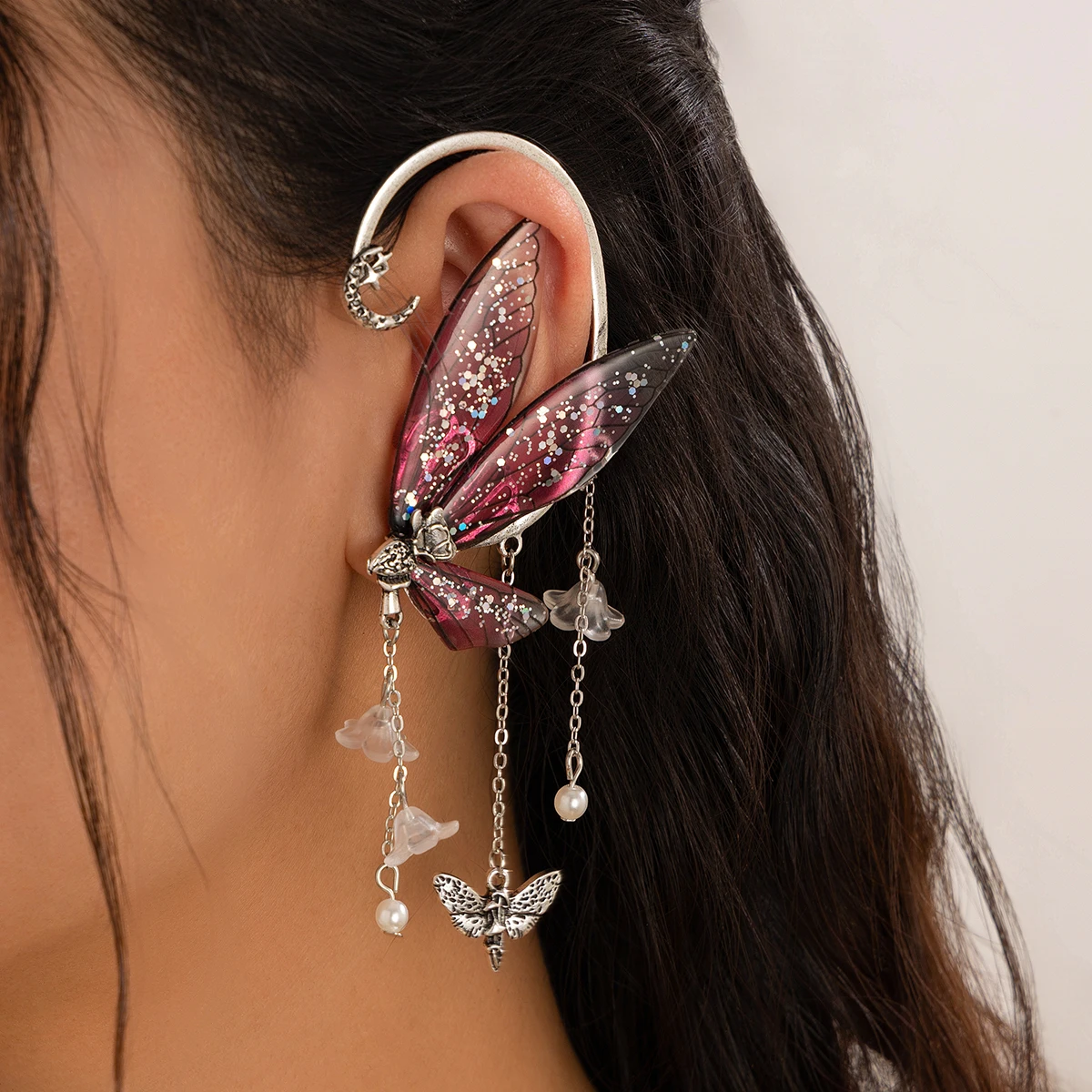 KunJoe Vintage Elf Butterfly Wings Ear Clips Earrings for Women Without Drilling 2024 Trend Flower Tassel Non Piercing Ear Cuff
