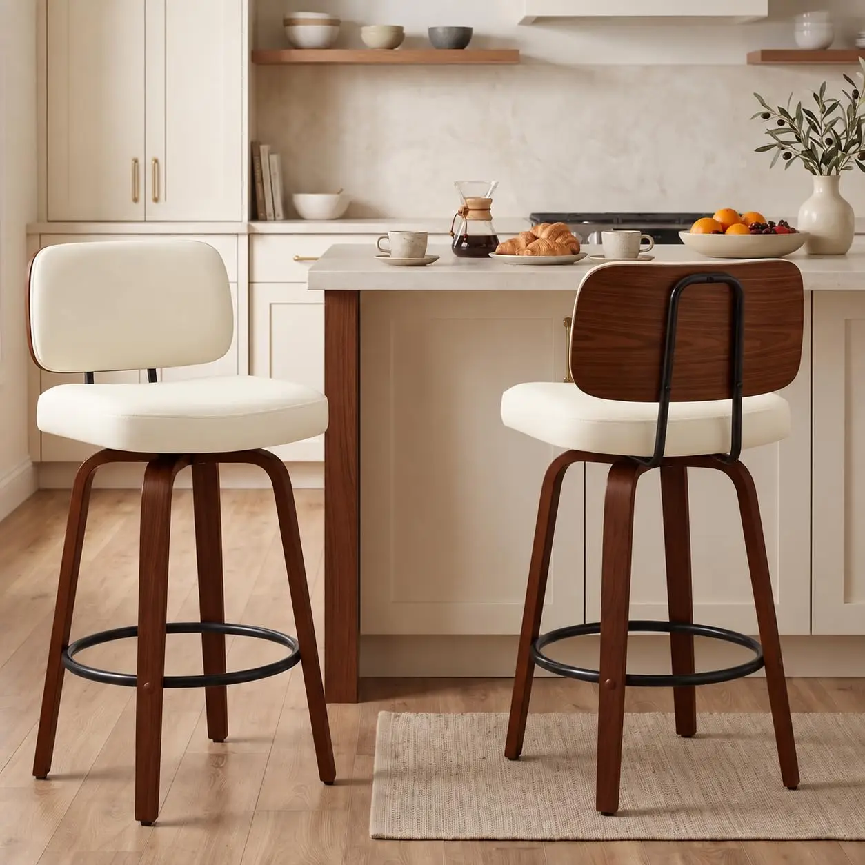 Counter Height Bar Stools Set of 2, 26+inch Swivel Faux Leather Barstool with Back, Upholstered Mid-Century Modern, Customized
