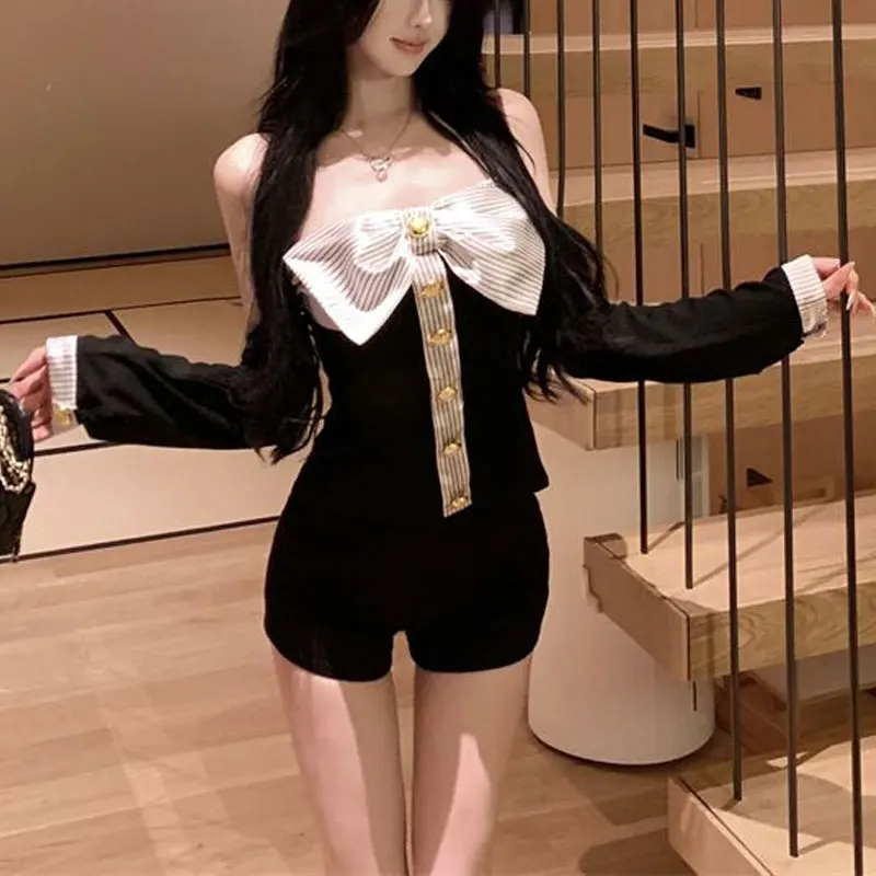 

Autumn Slash Neck Striped Pullovers Fashionable Patchwork Bow Female Clothing Slim Off Shoulder Elegant Long Sleeve T-shirts New