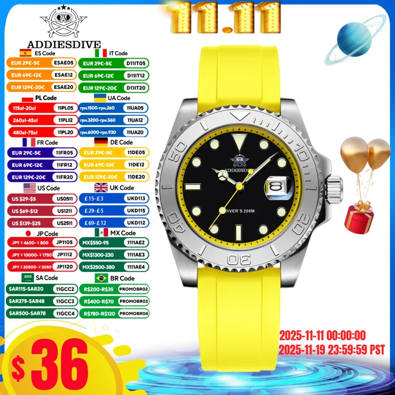 ADDIESDIVE Mann Taucheruhr Gummi Silikon BGW9 Blau Leuchtende Kalenderanzeige 200 m Wasserdichte Quarzuhr Relógio Masculino