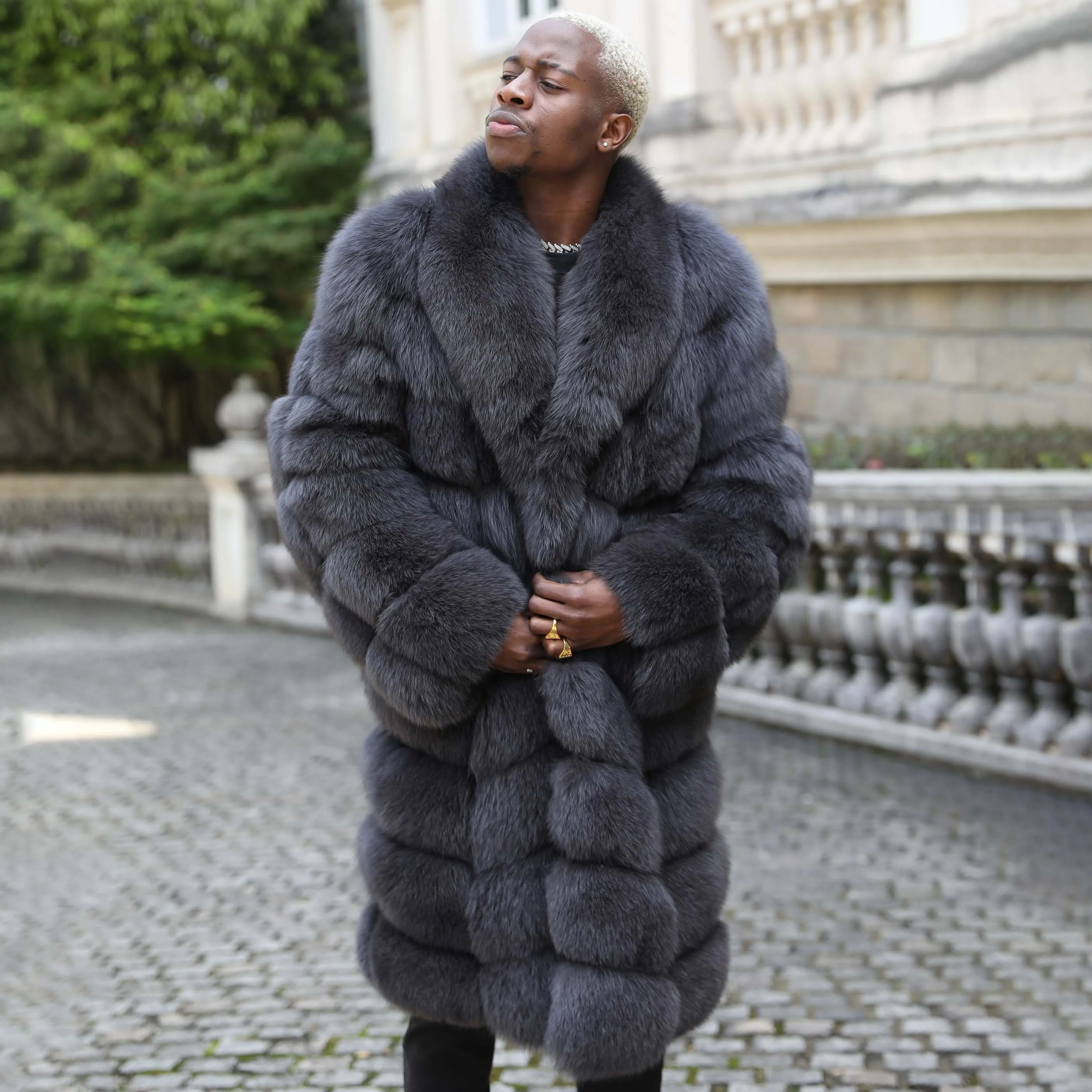 Haute Design Winter Warm Men Thick Fox Fur Coat Big Collar Long Jacket