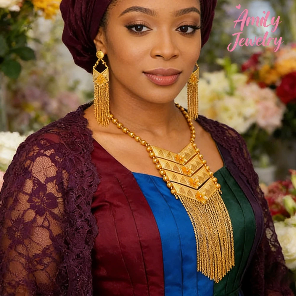 

Luxury Earring Gold Color Jewelry Dubai Set Drop Earring African Set Lady Long Tassel Necklace Jewelry Wedding Party Lady Gifts