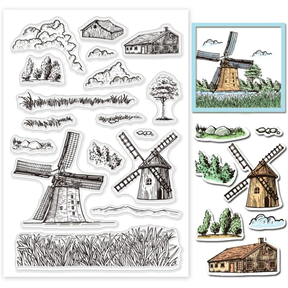 Windmill Clear Stamps for DIY Scrapbooking Mountain House Grass Silicone Stamp Seals Transparent Stamp for Cards Making Photo