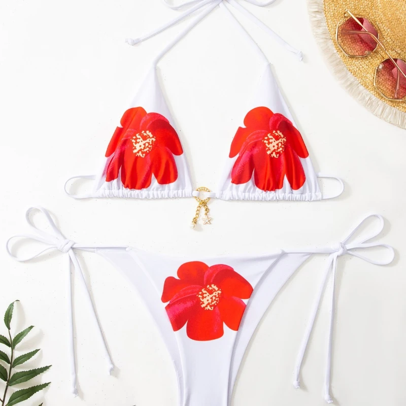 

White Straps High Waist Bikini Red Print Floral Two-piece Sexy Swimsuit