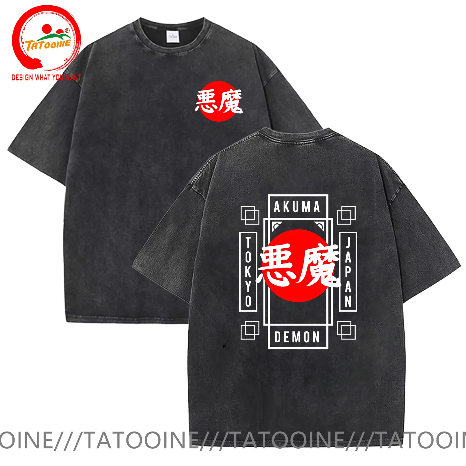 

Vintage Washed Cotton T Shirt Men Akuma Kanji T-Shirt Fashion Trendy Tee Shirt Casual Clothes tshirt Hip Hop Streetwear TShirt