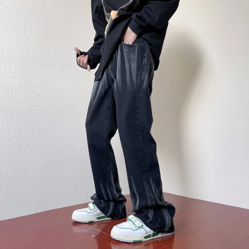 CUMUKKIYP Men's American Vibe Zipped Black Jeans with Split Wash and Straight Bell-bottomed Pants