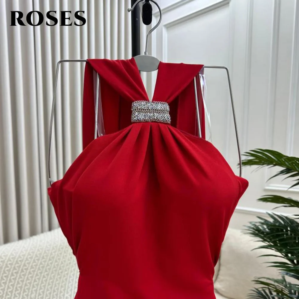 Rosas vermelho halter mancha vestido de baile plissados sereia vestidos de celebridades sexy sem mangas vestidos de noite femininos para gala personalizado