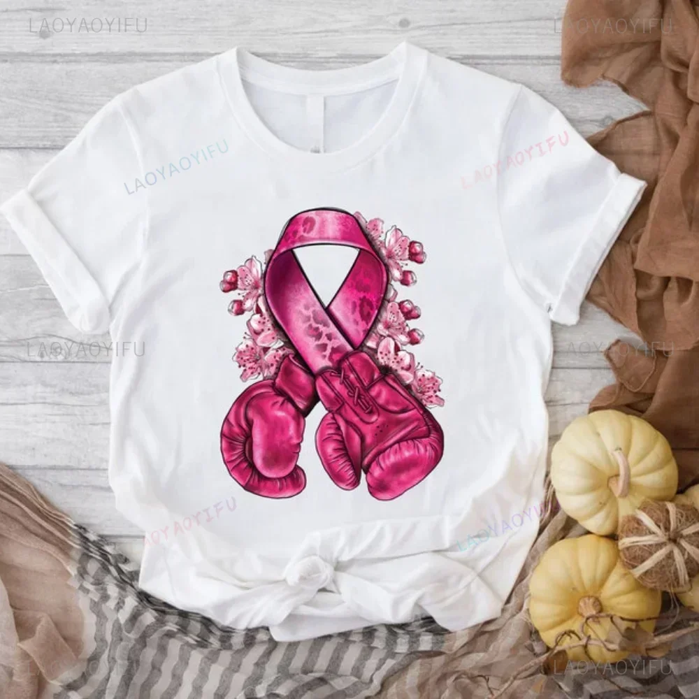 T-shirt per la cura del cancro al seno da donna, nastro rosa di ottobre, maglietta stampata a tema per la consapevolezza del cancro al seno, regalo