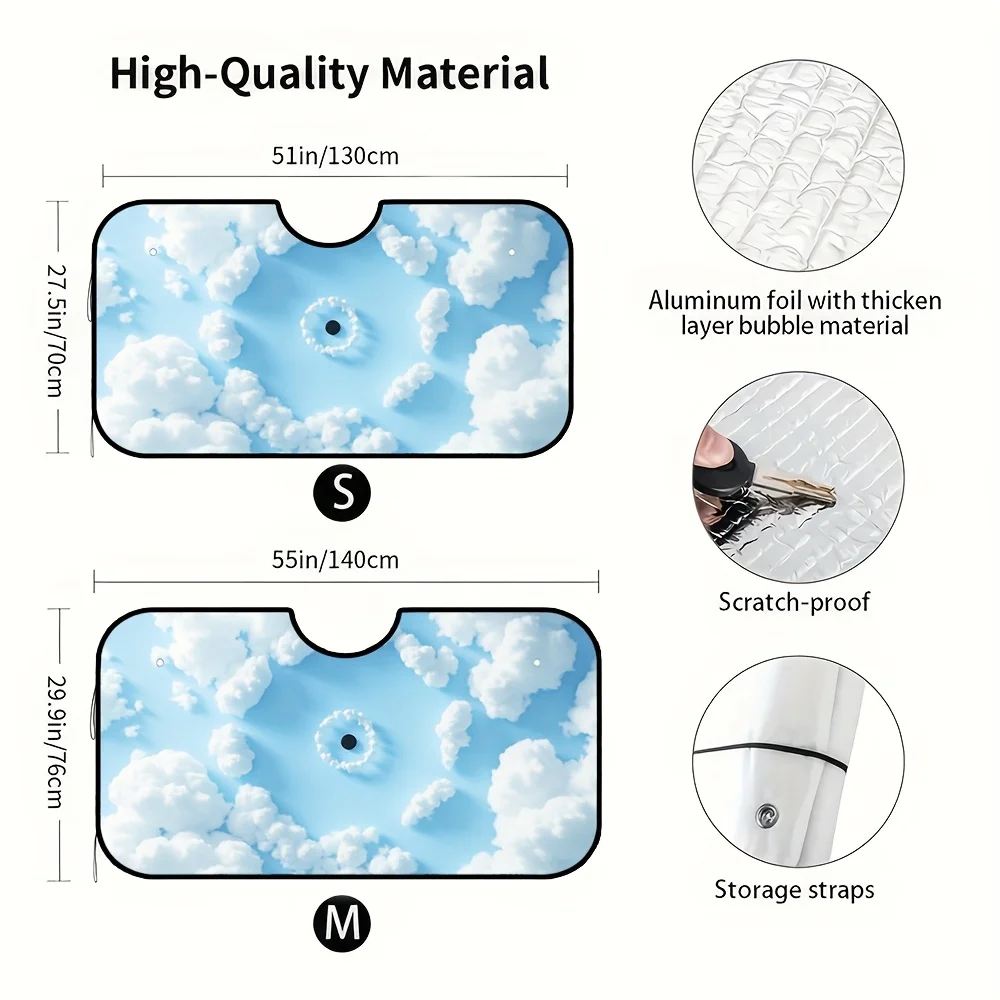 1 قطعة، حماية من الأشعة فوق البنفسجية قابلة للطي السماء الزرقاء والسحب البيضاء ظلة الزجاج الأمامي قناع حامي 4 أكواب شفط سهلة التركيب السيارات #2