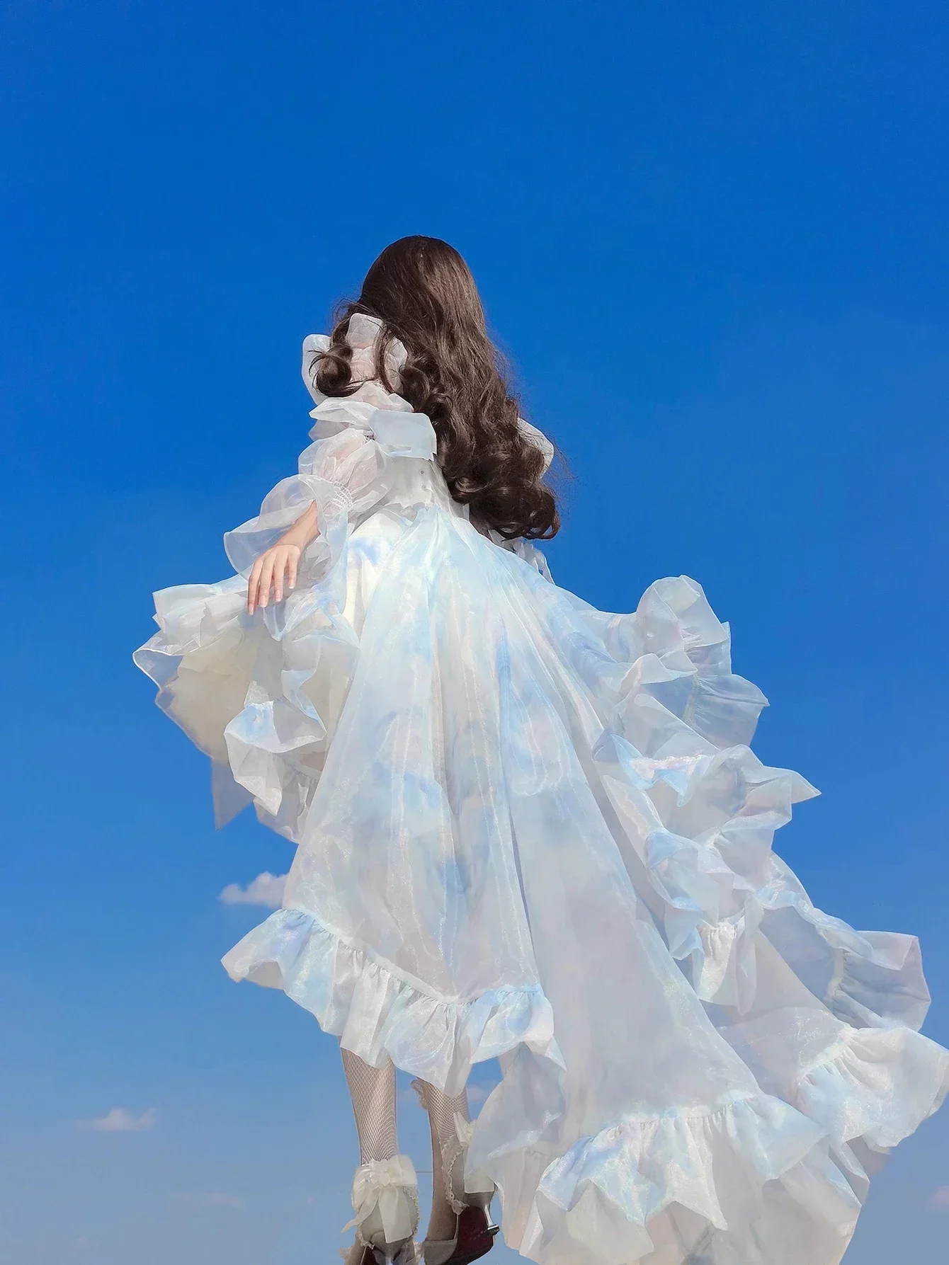 

Smocked Shawl Train Hi-Lo Lace Up Ruffled Puffy Miniskirt 2025 Women Evening Dress Set Bloomers Underskirt Lolita Tutu Gown